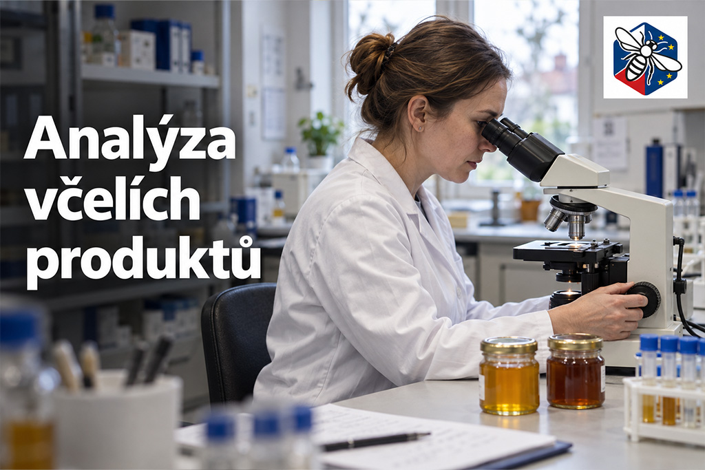 Laboratorní pracovnice zkoumá vzorky včelích produktů u mikroskopu, vedle stojí sklenice medu