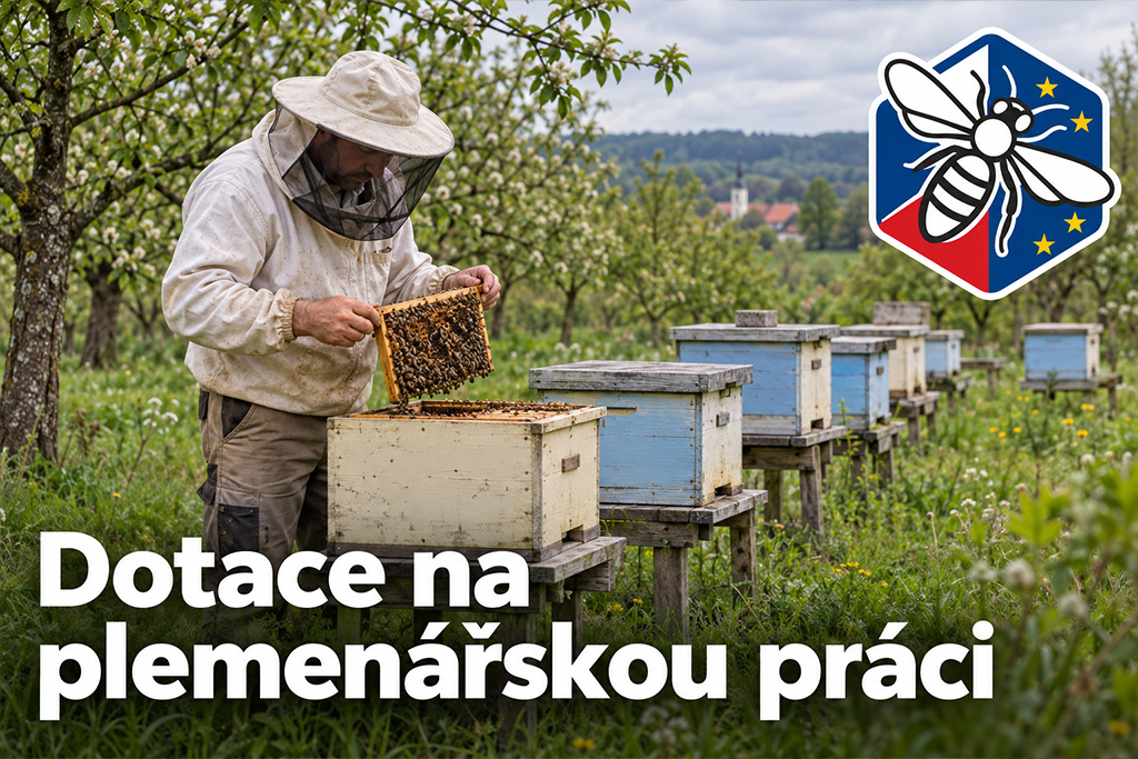 Včelař v ochranném obleku kontroluje plást u úlů v ovocném sadu