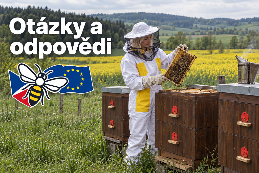 Včelařka v ochranném obleku prohlíží včelí rámek nad dřevěnými úly