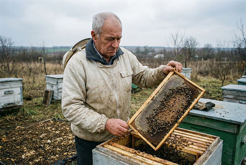 Starší včelař v ochranném obleku kontroluje rámek na včelnici v otevřené krajině
