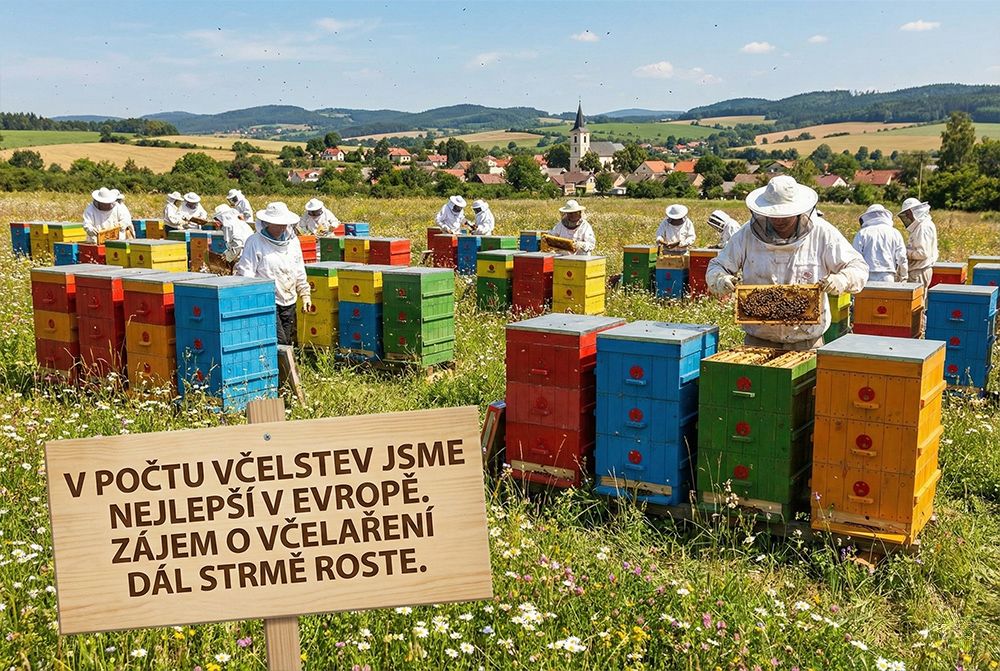 Včelařská krajina s úly a včelařem při práci pod širým nebem